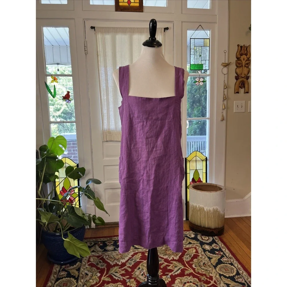 M&M 100% Linen Cross Back Smock Apron One Size Purple Molly Morris Design $100